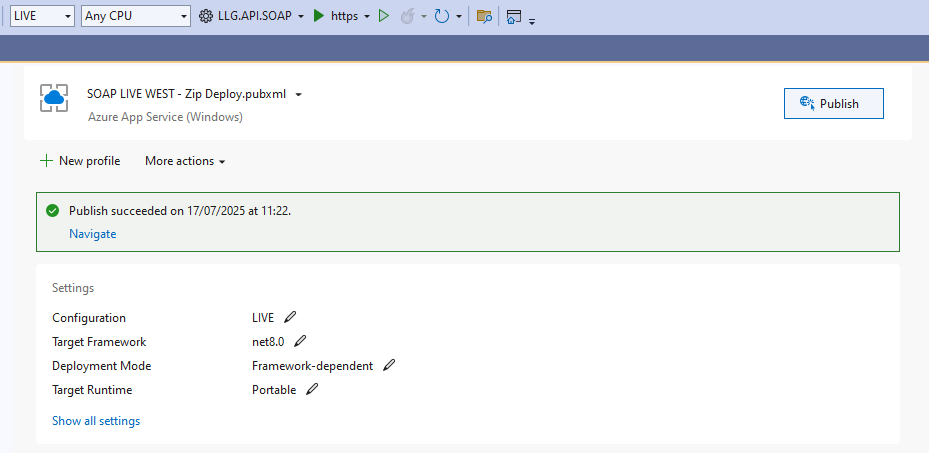 Screenshot of publish settings which all match nicely