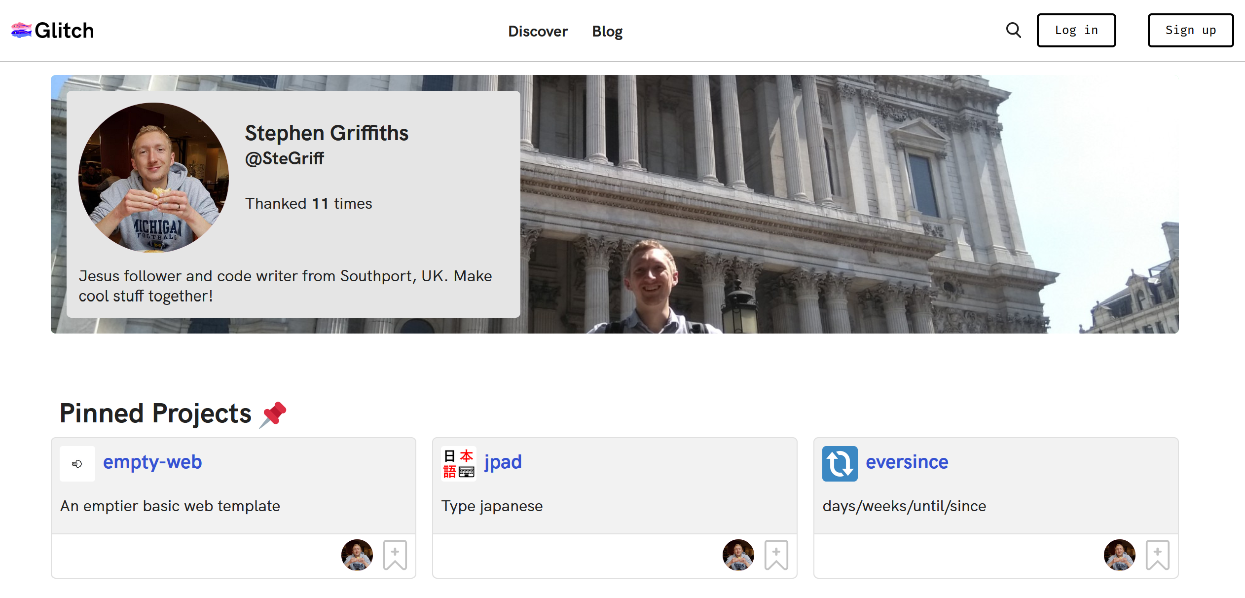 A screenshot of my Glitch profile page